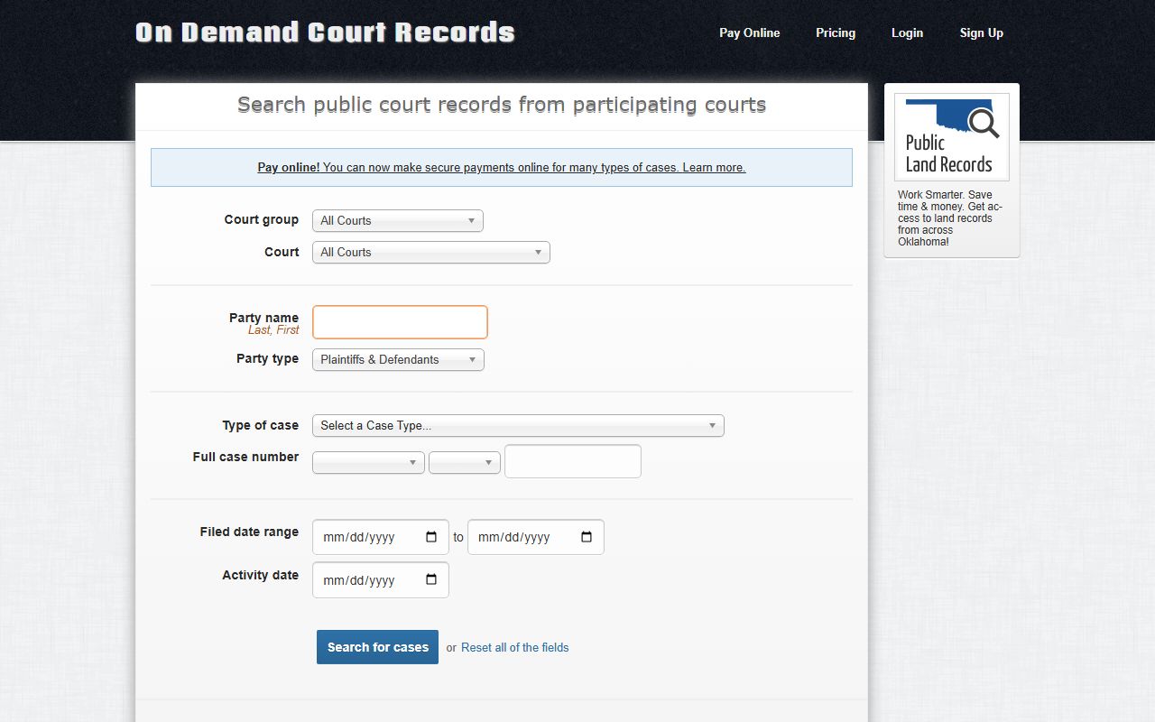 Pushmataha County court records after jail arrest ODCR search screen