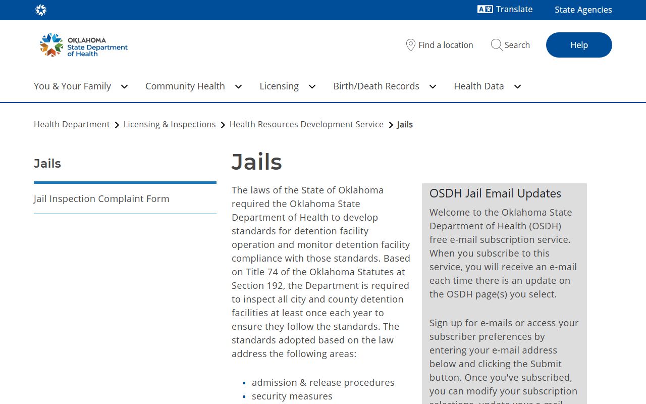 Pushmataha County jail records Oklahoma jail standards inspection